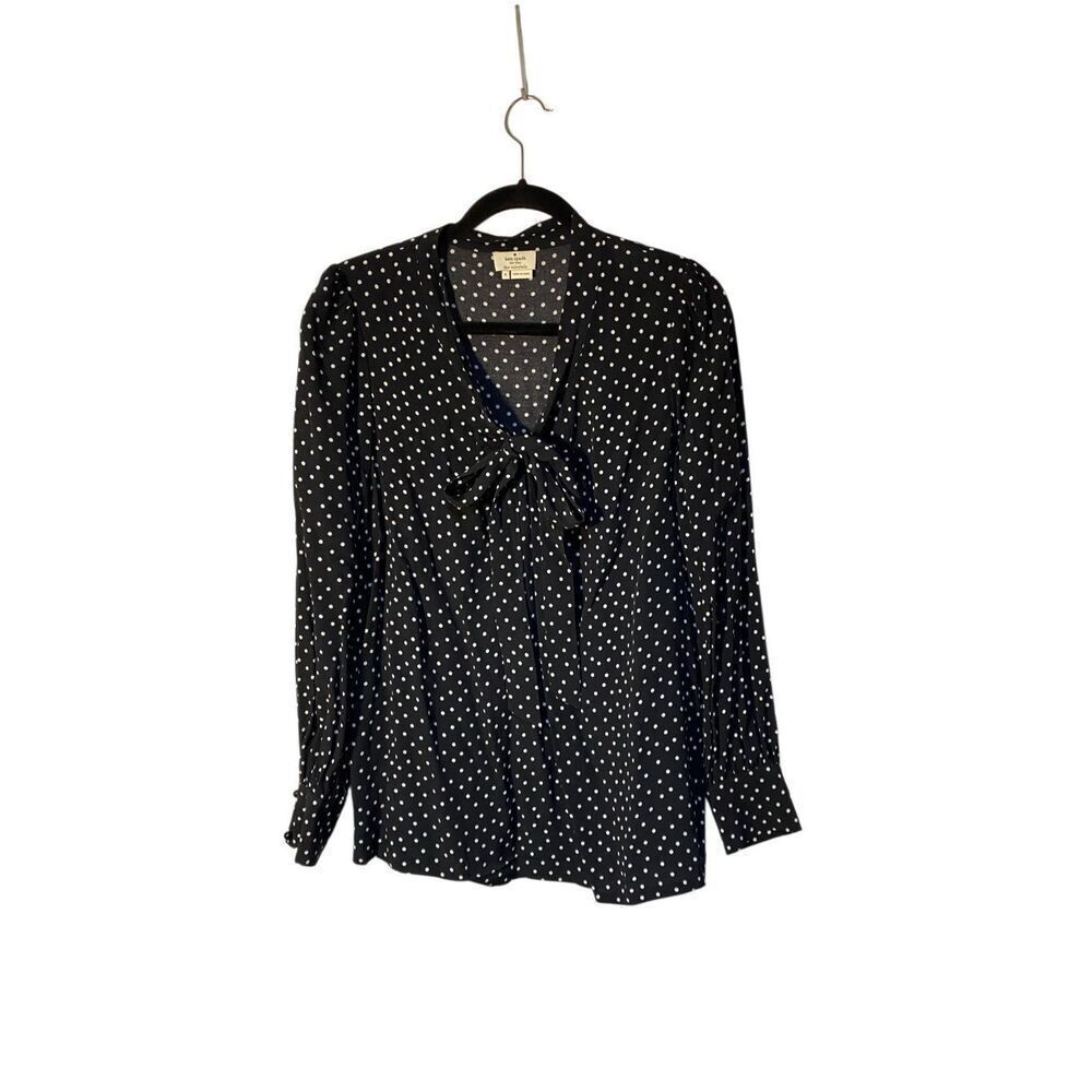 Kate Spade women’s polkadot, black tie, front, long sleeve blouse, size small